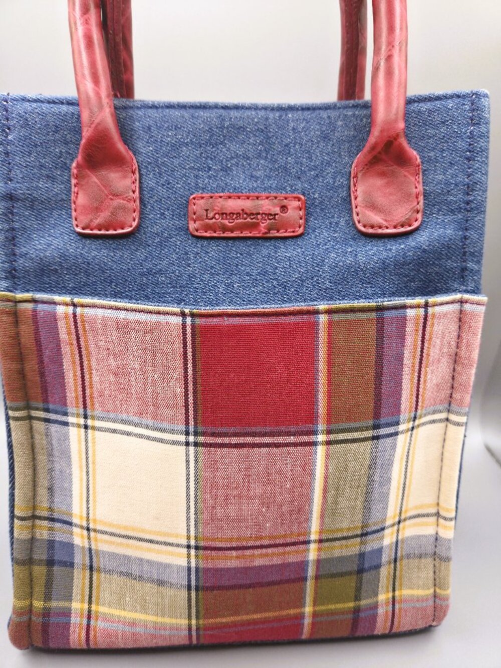 Longaberger Mini Tote Denim Plaid Bag Red Leather Trim Small America Classic - Picture 5 of 9